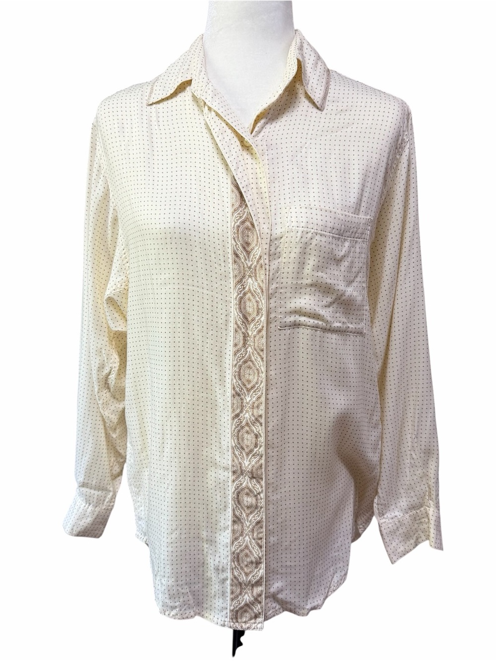 Jones New York Vintage Cream Button-Up Blouse with Floral Print Placket US 6